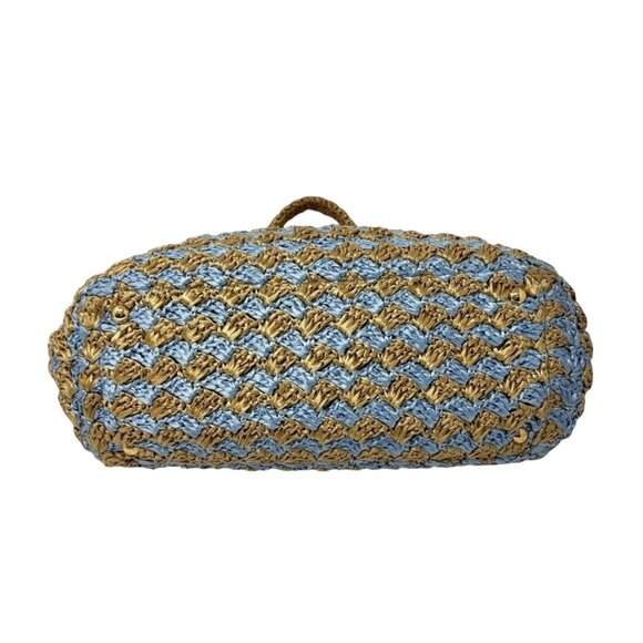 PRADA Vintage Logo Raffia Tote Bag Stripe Blue Beige Polyethylene Snap [105516] - Picture 8 of 14